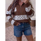 Trix Brown Stripe Patchwork Polka Dot Accent Quarter Zip Long Sleeve Top