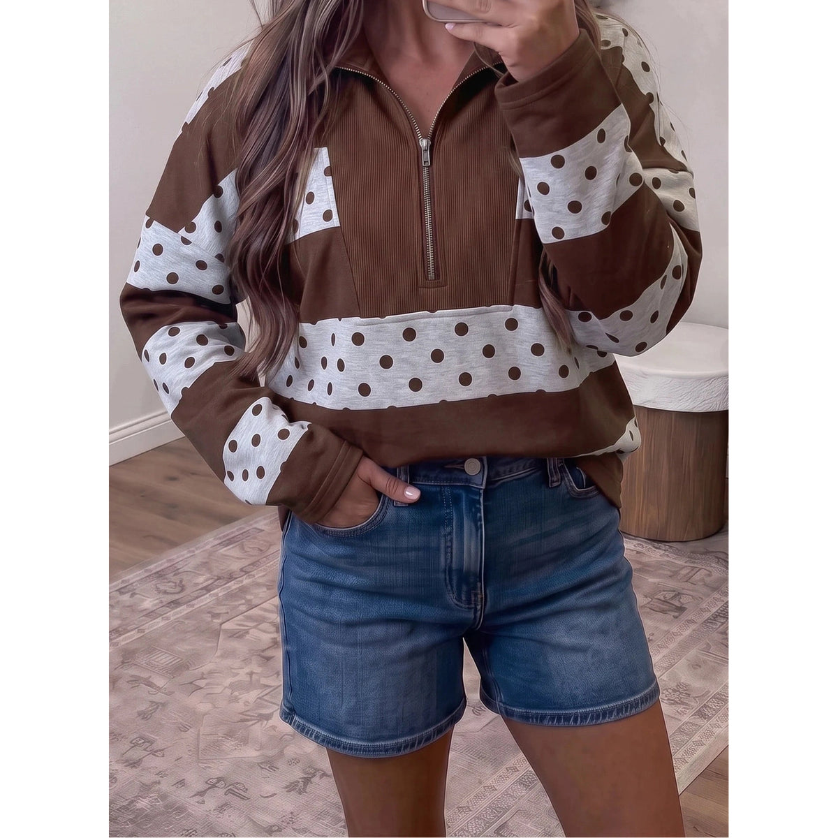 Trix Brown Stripe Patchwork Polka Dot Accent Quarter Zip Long Sleeve Top