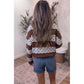 Trix Brown Stripe Patchwork Polka Dot Accent Quarter Zip Long Sleeve Top