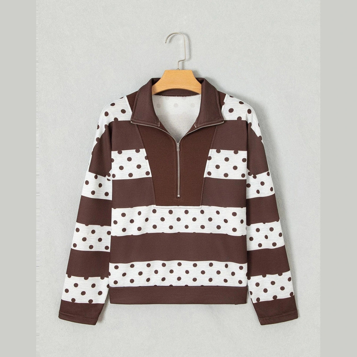 Trix Brown Stripe Patchwork Polka Dot Accent Quarter Zip Long Sleeve Top