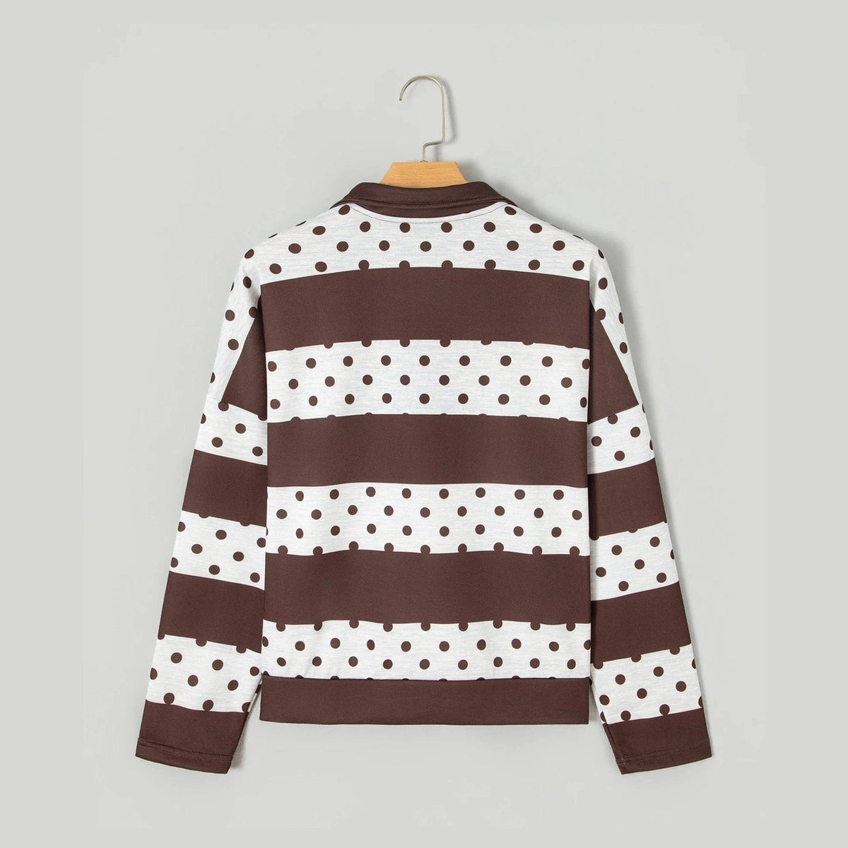 Trix Brown Stripe Patchwork Polka Dot Accent Quarter Zip Long Sleeve Top
