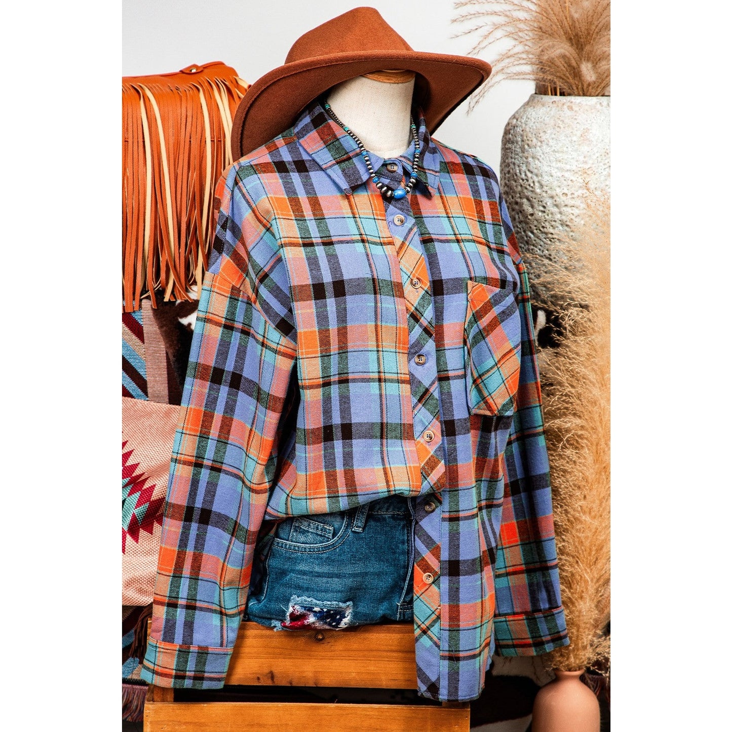 Trudy Orange Plaid Print Loose Vintage Shirt