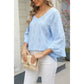 Trystan Blue V-Neck Hollow Jacquard Sleeve Loose Shirt