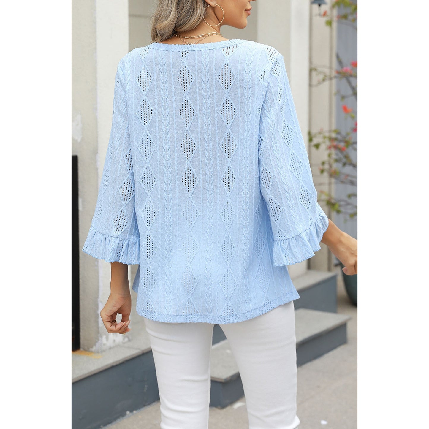 Trystan Blue V-Neck Hollow Jacquard Sleeve Loose Shirt