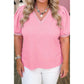 Tula Pink V Neck Pleated Short Puff Sleeve Plus Size Blouse