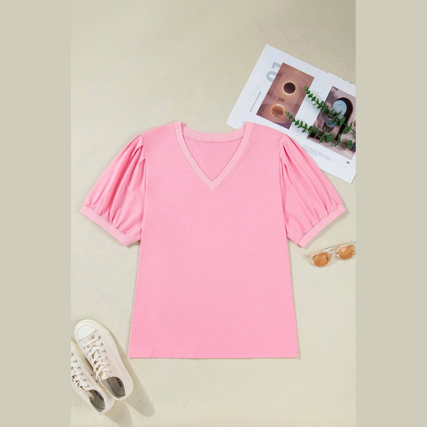 Tula Pink V Neck Pleated Short Puff Sleeve Plus Size Blouse