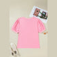 Tula Pink V Neck Pleated Short Puff Sleeve Plus Size Blouse