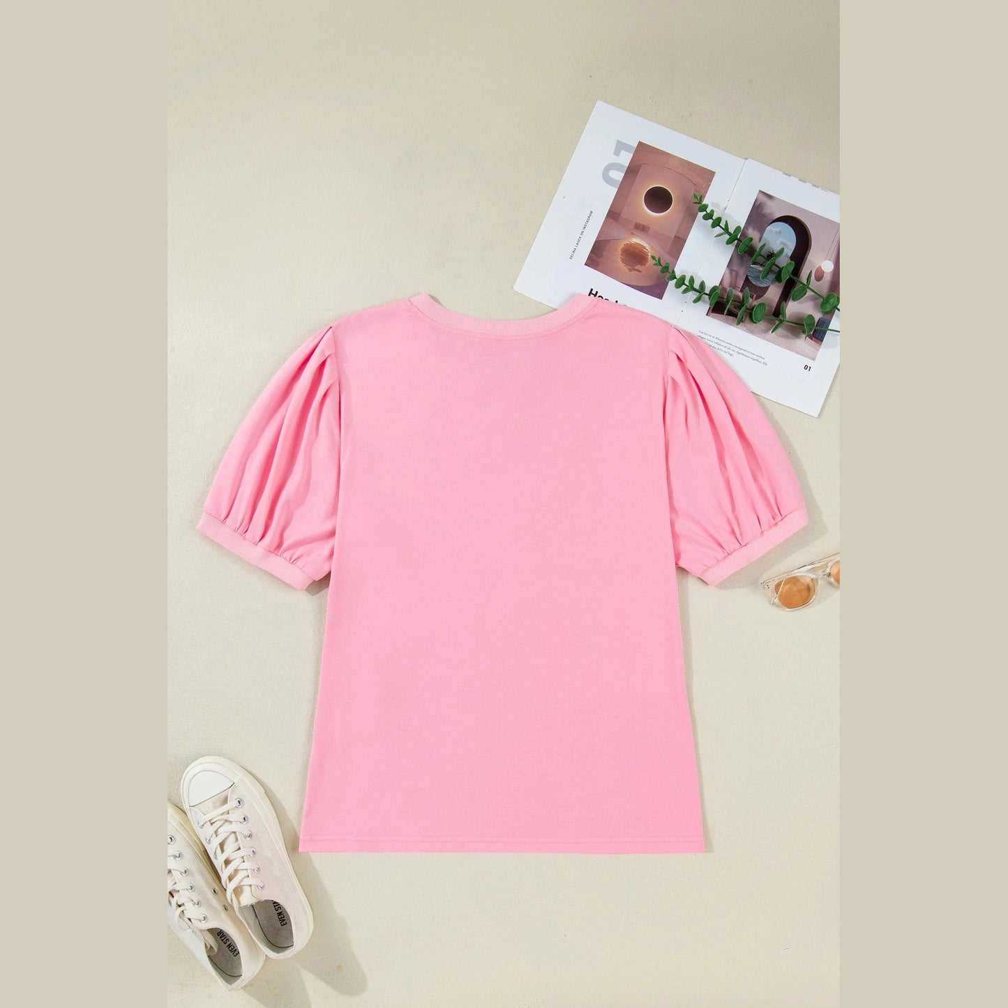 Tula Pink V Neck Pleated Short Puff Sleeve Plus Size Blouse