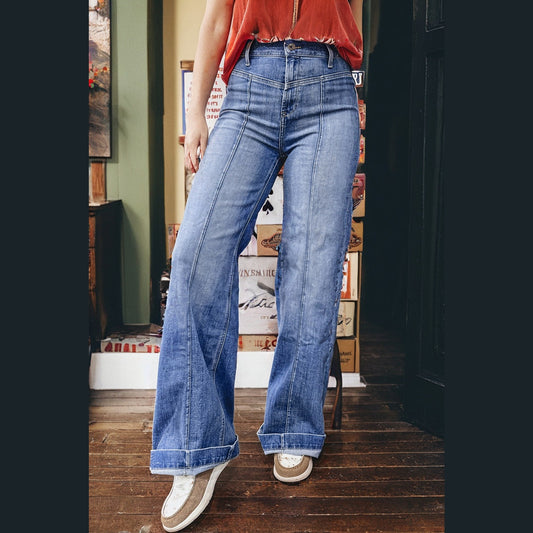 Tulia Beau Blue Tailored Center Seam Detail Straight Loose High Rise Jeans