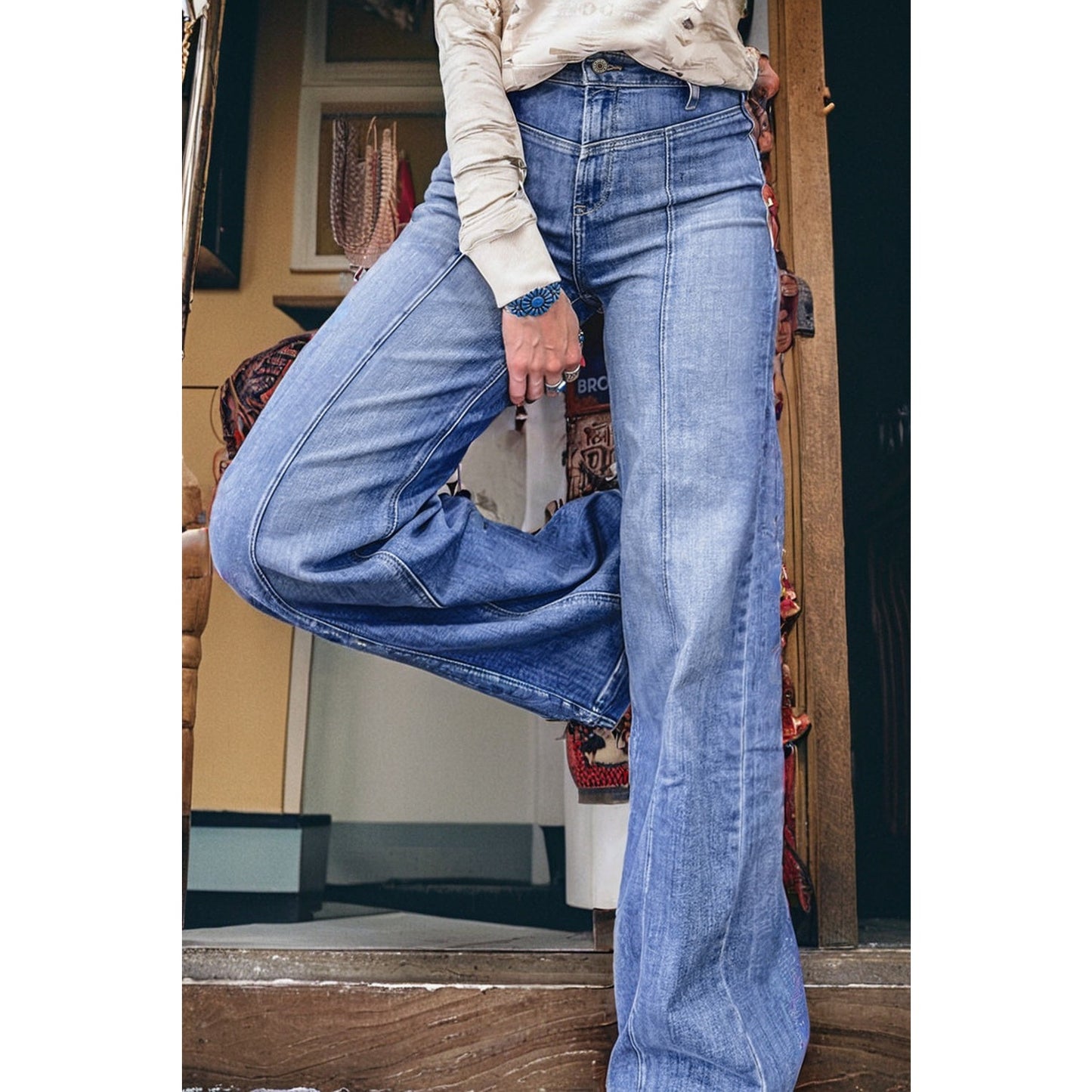 Tulia Beau Blue Tailored Center Seam Detail Straight Loose High Rise Jeans