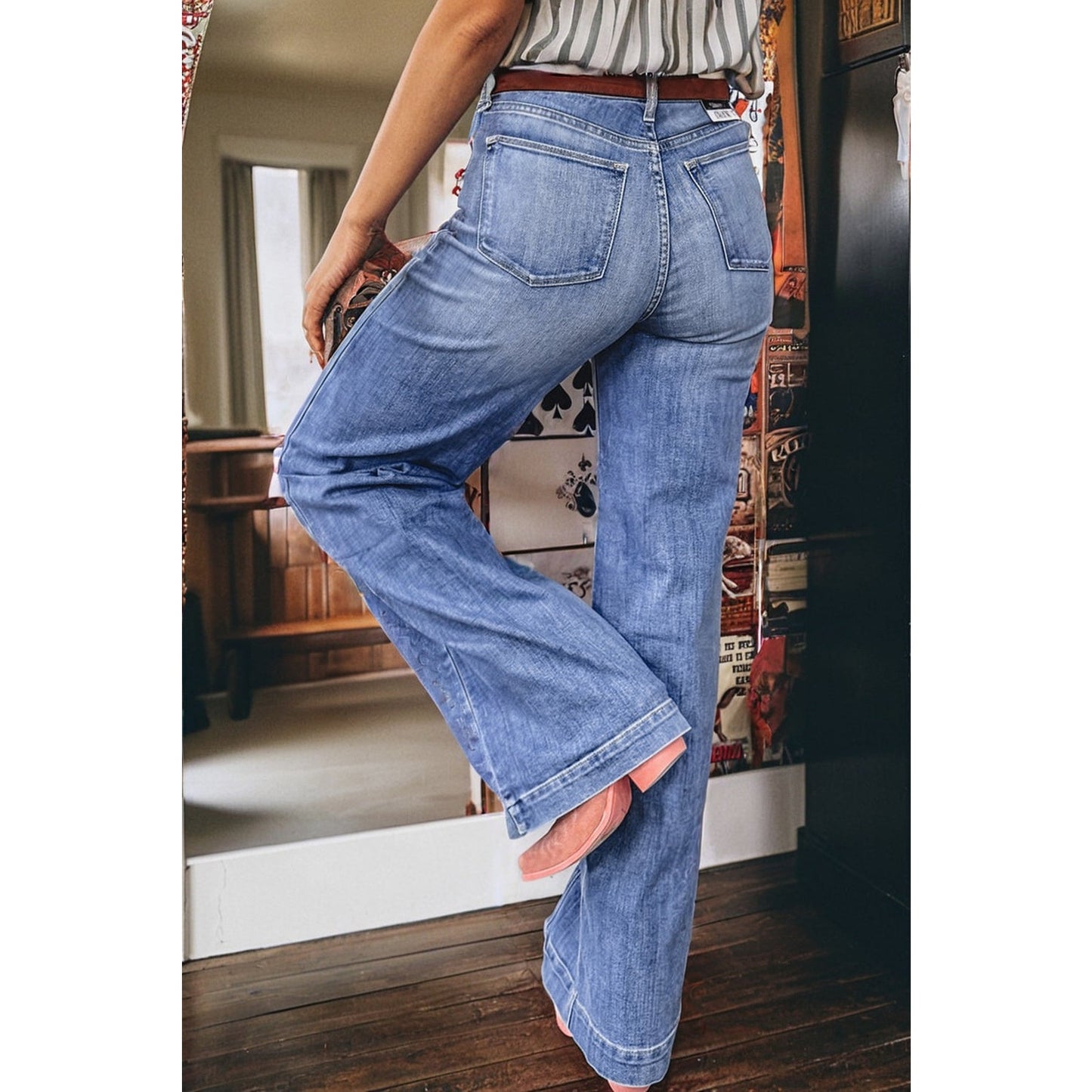 Tulia Beau Blue Tailored Center Seam Detail Straight Loose High Rise Jeans
