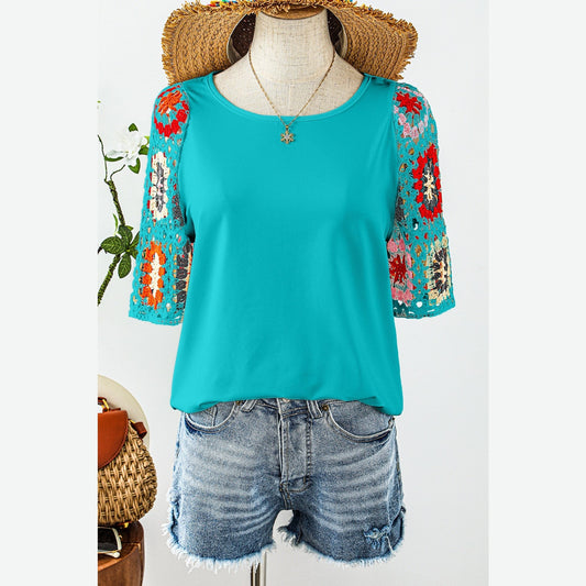 Dawn Turquoise Floral Crochet Short Sleeve Top