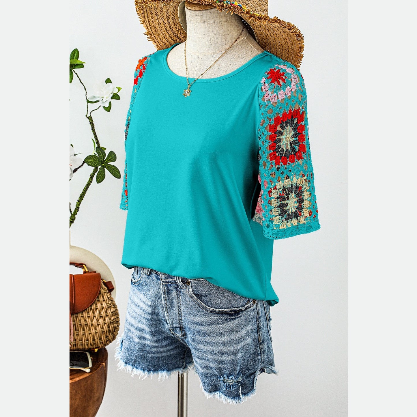 Dawn Turquoise Floral Crochet Short Sleeve Top