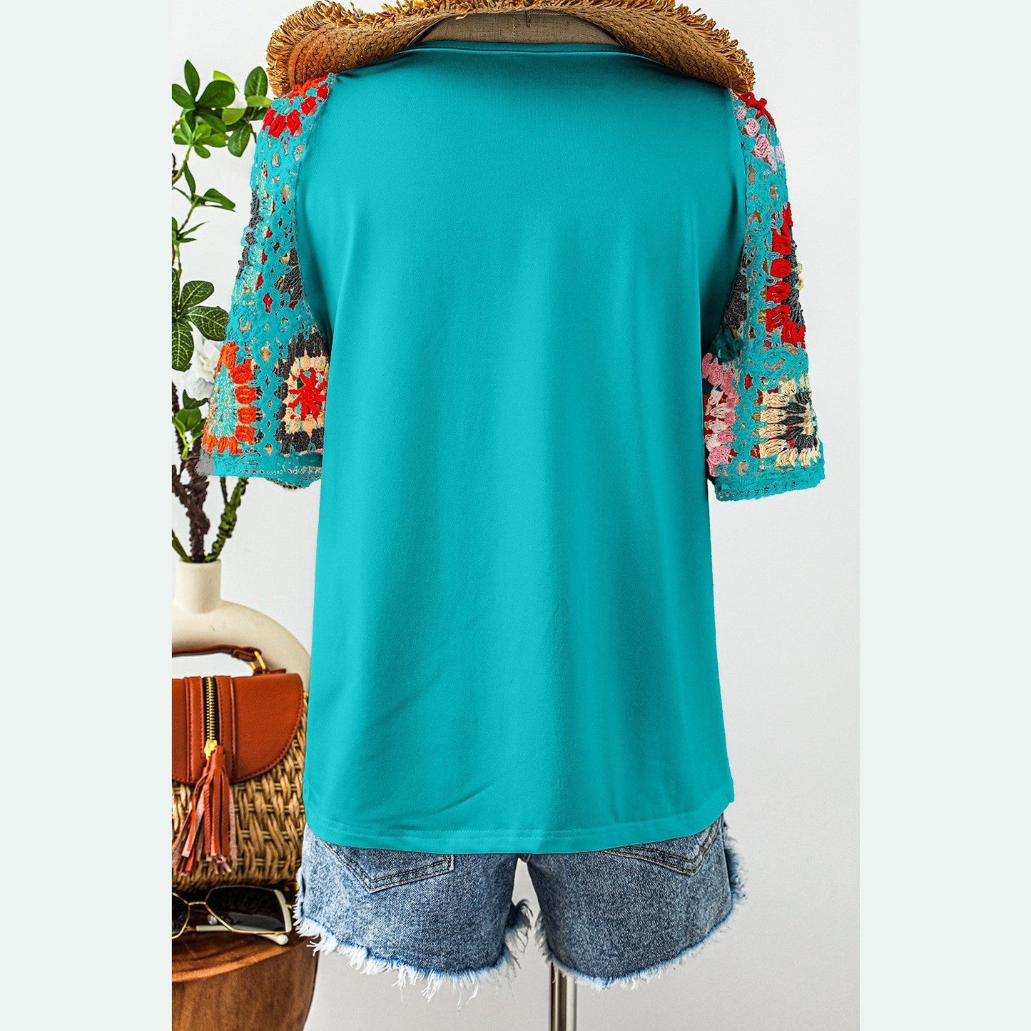 Dawn Turquoise Floral Crochet Short Sleeve Top