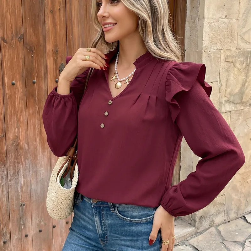 Twila Burgundy Ruffle‑Shoulder Button Blouse