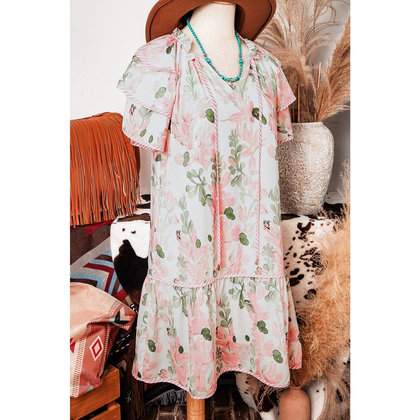 Twyla Pink Floral Contrast Edge Layered Short Sleeve Mini Dress