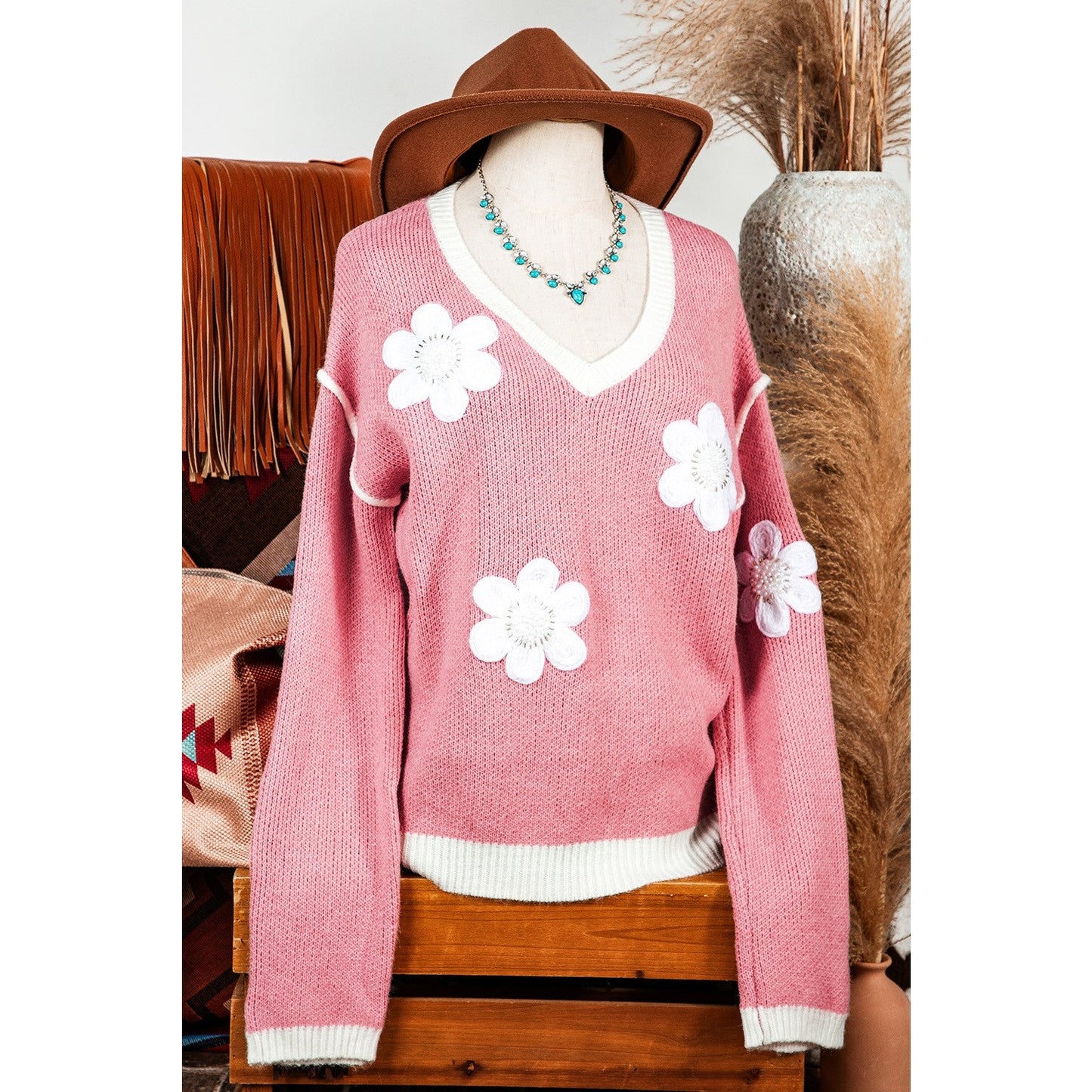 Tyanna Pink Flower V Neck Dropped Shoulder Sweater