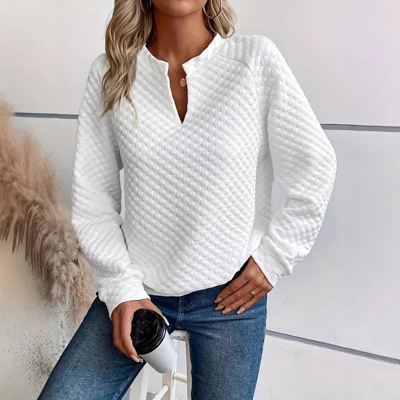 Tyla White Deep V Neck Quilted Long Sleeve Top