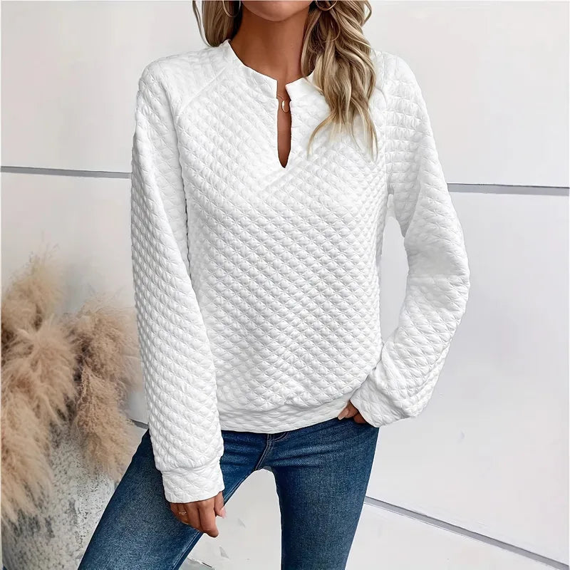 Tyla White Deep V Neck Quilted Long Sleeve Top