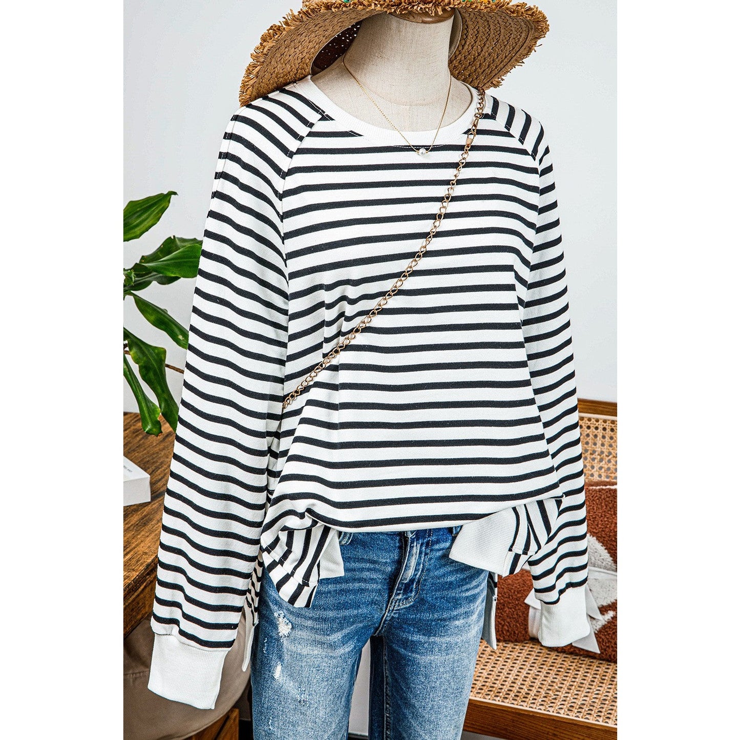 REDUCED!!!  Udelle Black Stripe Raglan Sleeve Side Slits Loose Sweatshirt  REDUCED!!!