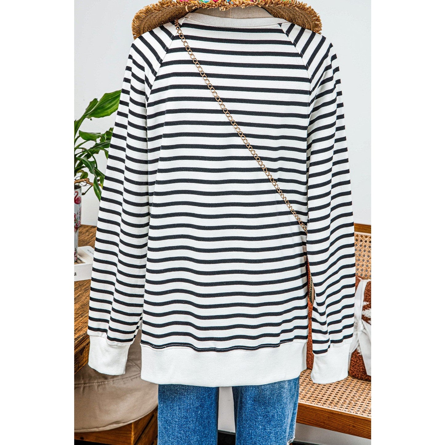 REDUCED!!!  Udelle Black Stripe Raglan Sleeve Side Slits Loose Sweatshirt  REDUCED!!!