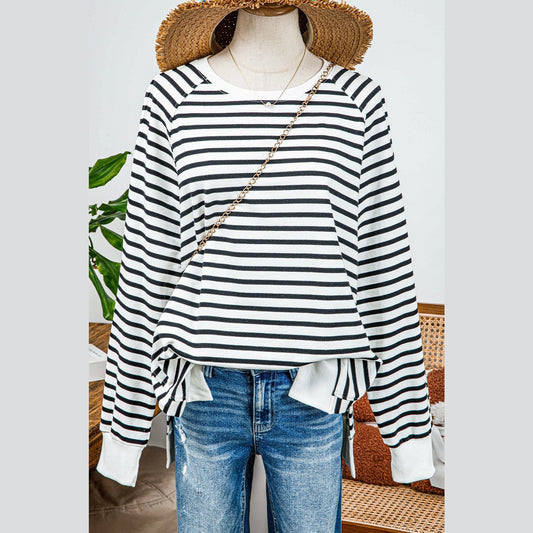 REDUCED!!!  Udelle Black Stripe Raglan Sleeve Side Slits Loose Sweatshirt  REDUCED!!!