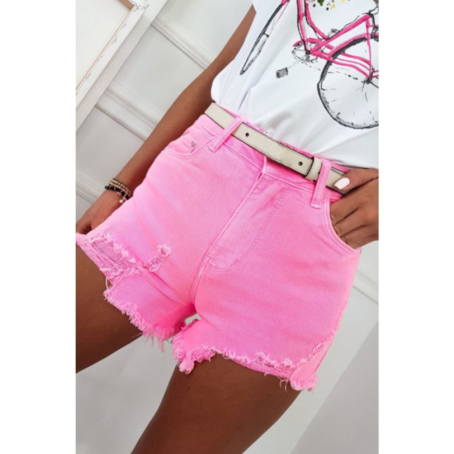 Urmi Pink Distressed Denim Shorts