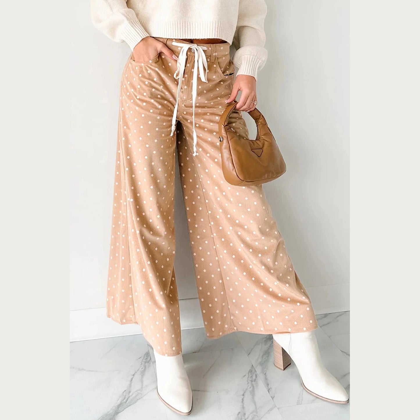 Ursula Khaki Polka Dot Print Drawstring Wide Leg Pants