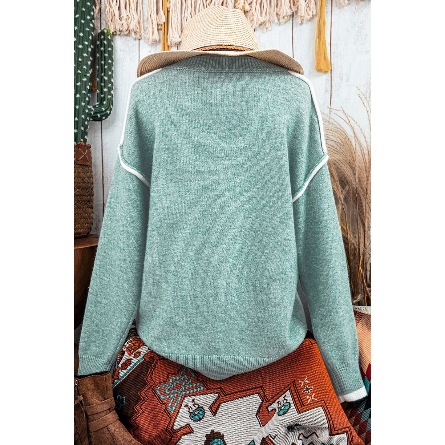 Ursula Moonlight Jade Colorblock Contrasting Edge Crewneck Sweater