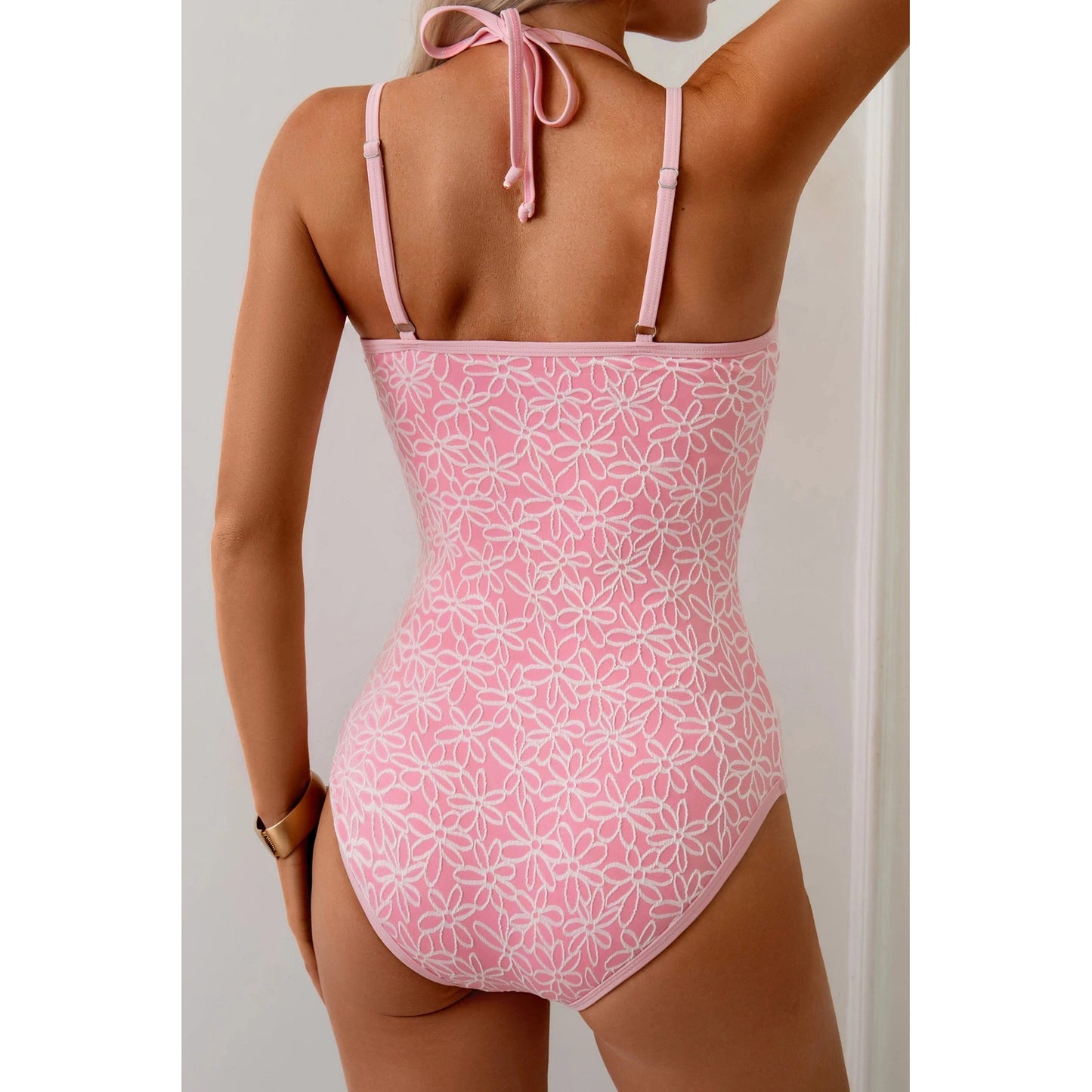 Vonny Pink Corded Flower Texture Halterneck One Piece Swimsuit