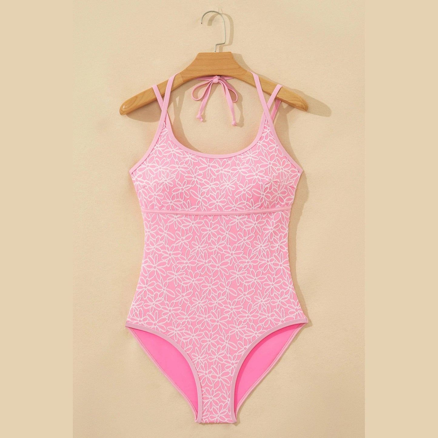 Vonny Pink Corded Flower Texture Halterneck One Piece Swimsuit