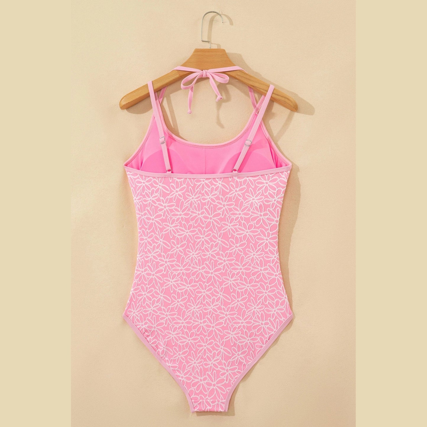 Vonny Pink Corded Flower Texture Halterneck One Piece Swimsuit