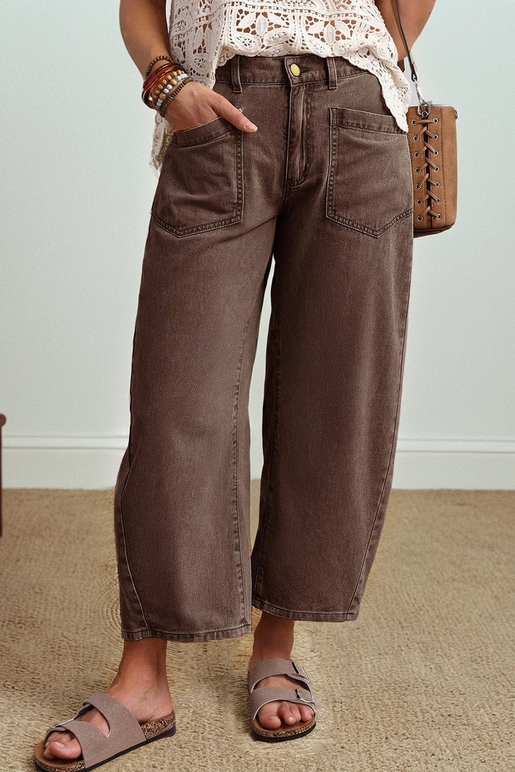 Vada Coffee Square Patch Pocket Ankle-length Barrel Jeans