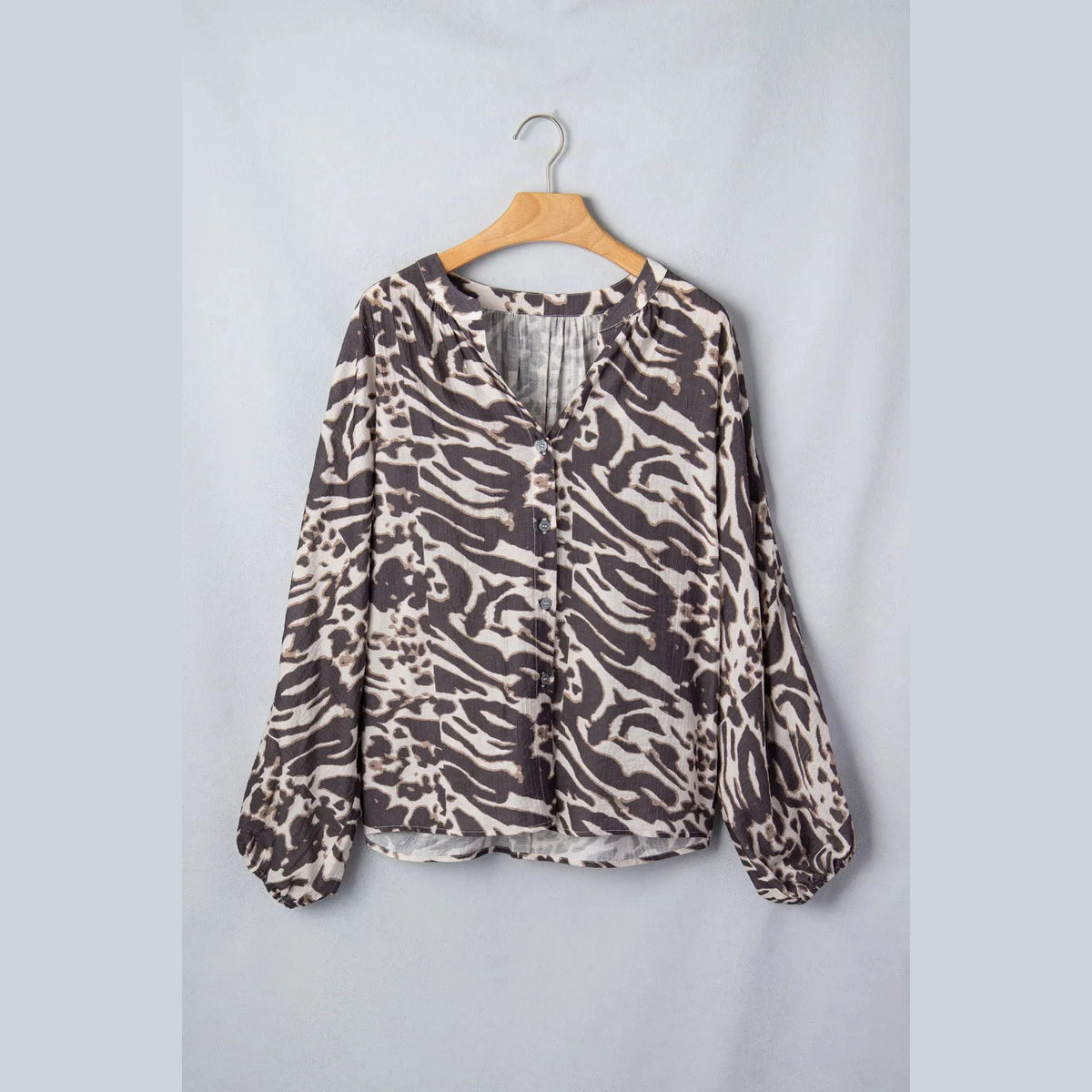 Val Leopard Print V Neck Button Down Balloon Sleeve Shirt