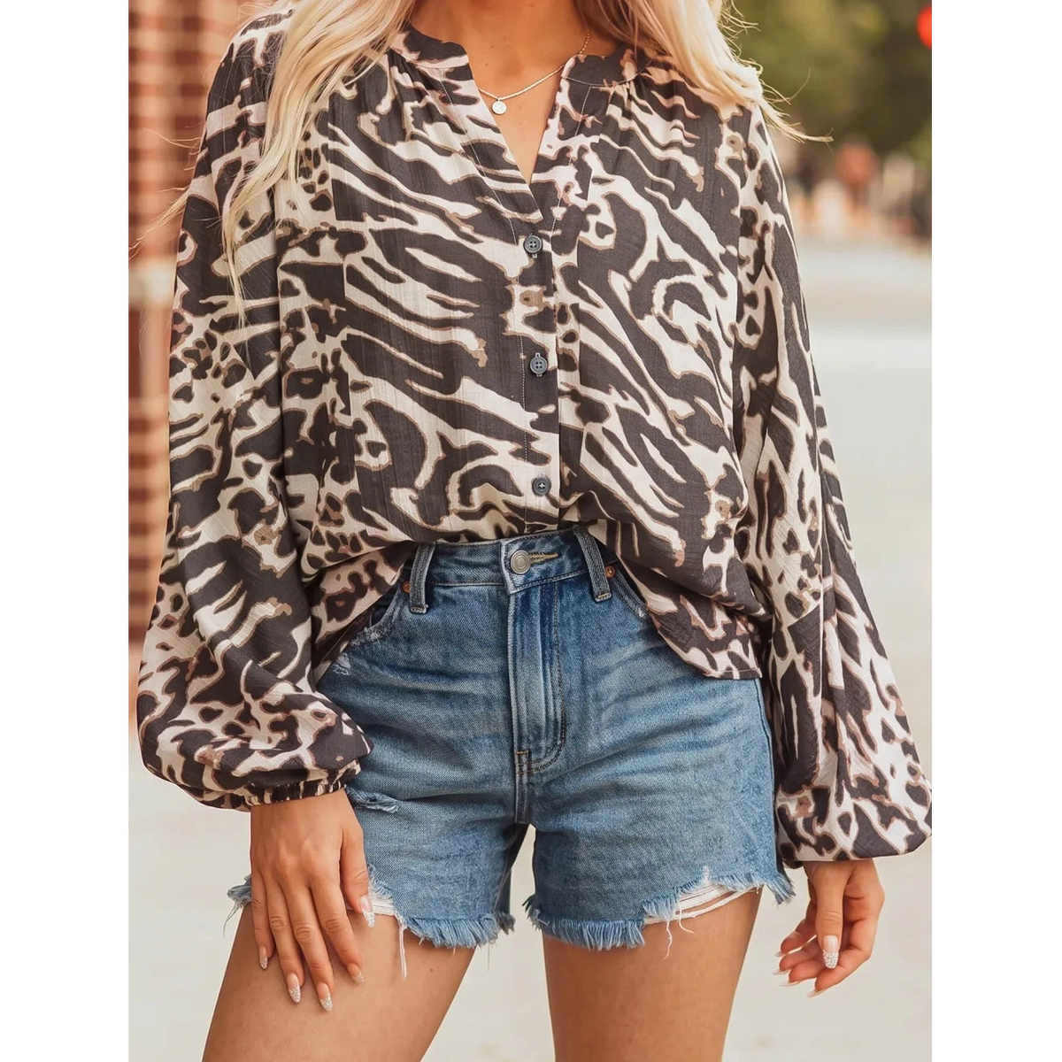 Val Leopard Print V Neck Button Down Balloon Sleeve Shirt