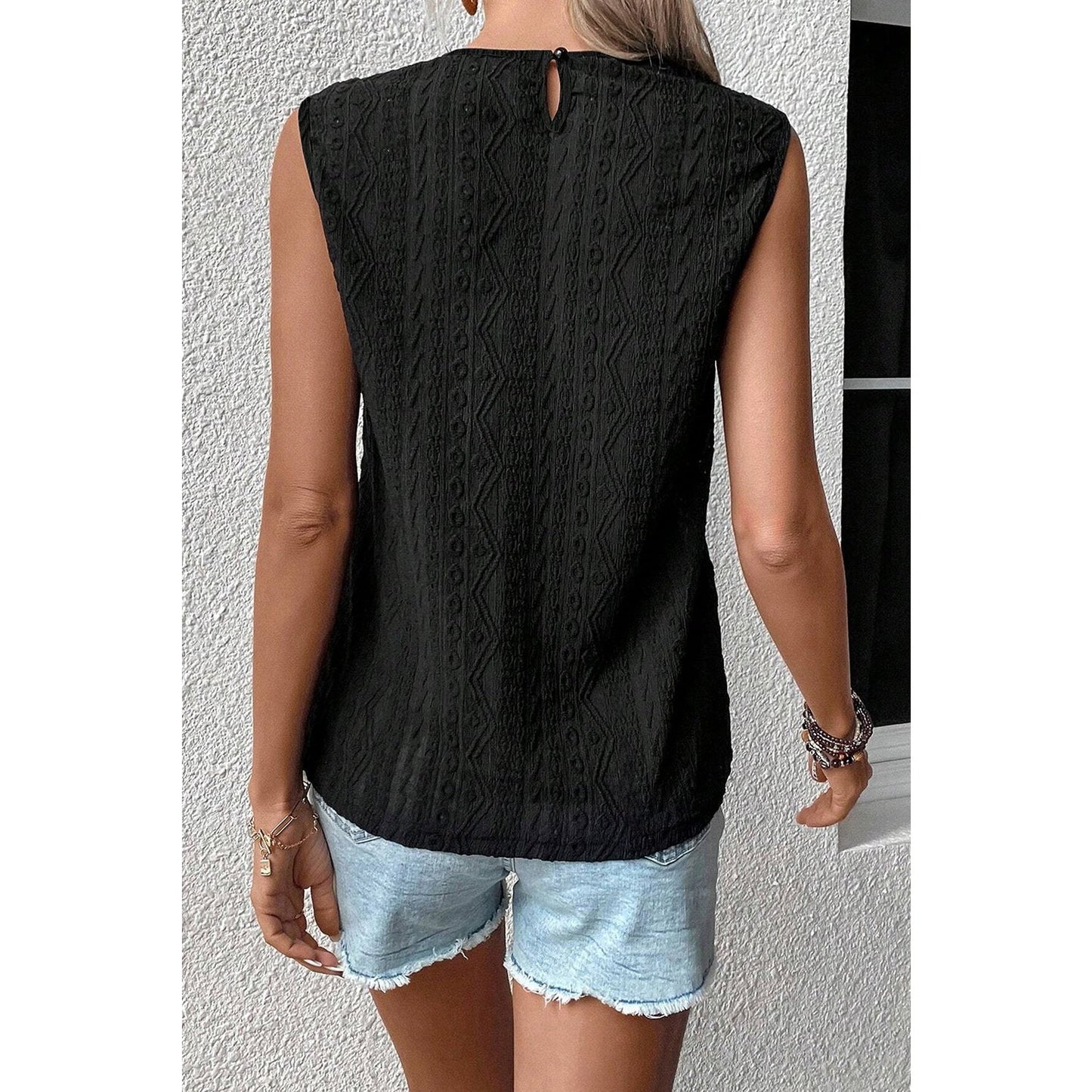 Valery Black Guipure Lace Crochet Keyhole Back Tank Top