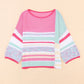 Vanette Pink Color Block Striped Three-Quarter Sleeve Knitted Top