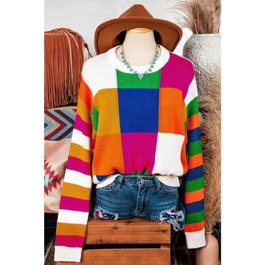 Veda Orange Checkered Color Block Round Neck Loose Sweater