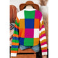 Veda Orange Checkered Color Block Round Neck Loose Sweater