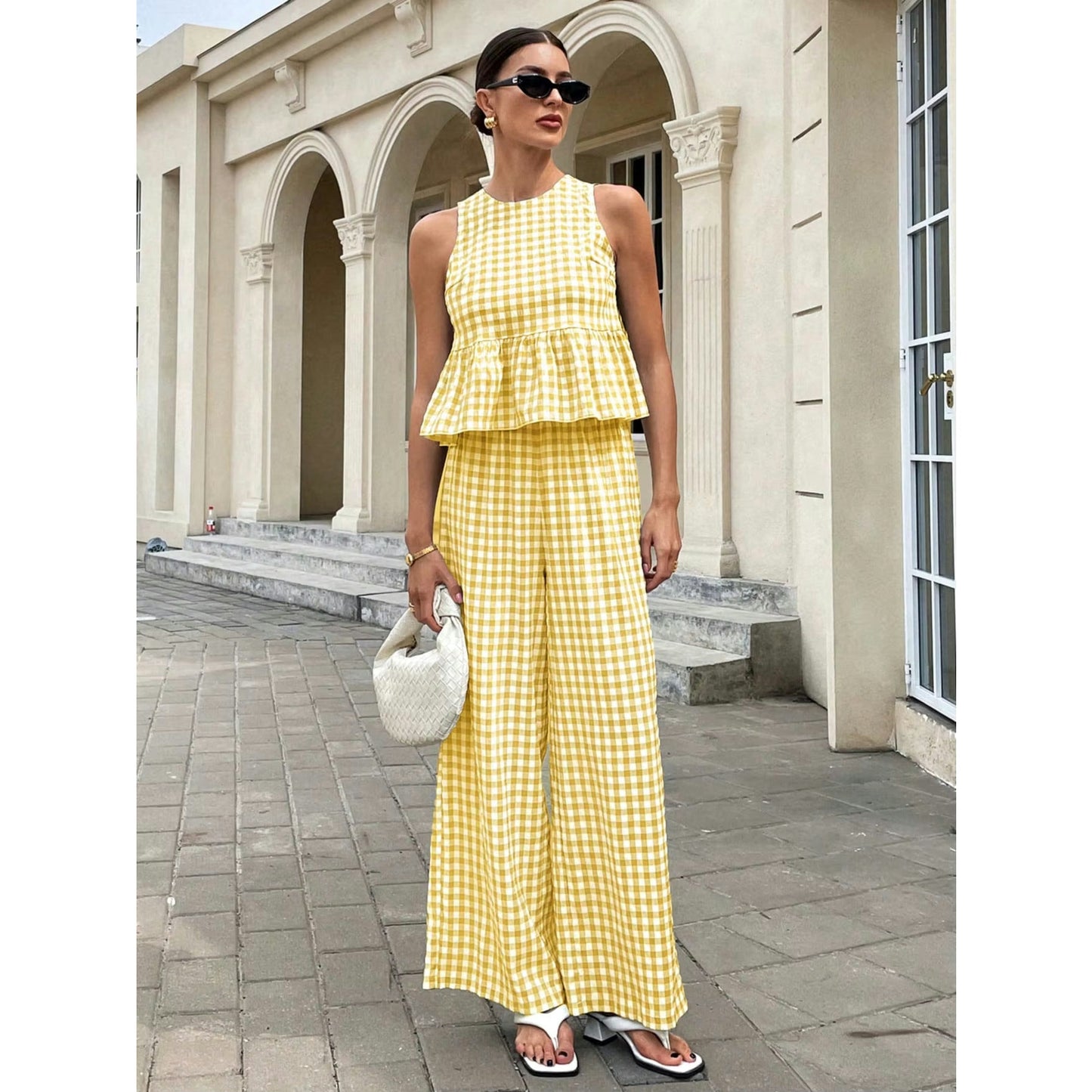 Velissa Yellow Gingham Two Piece Wide Leg Pant Set