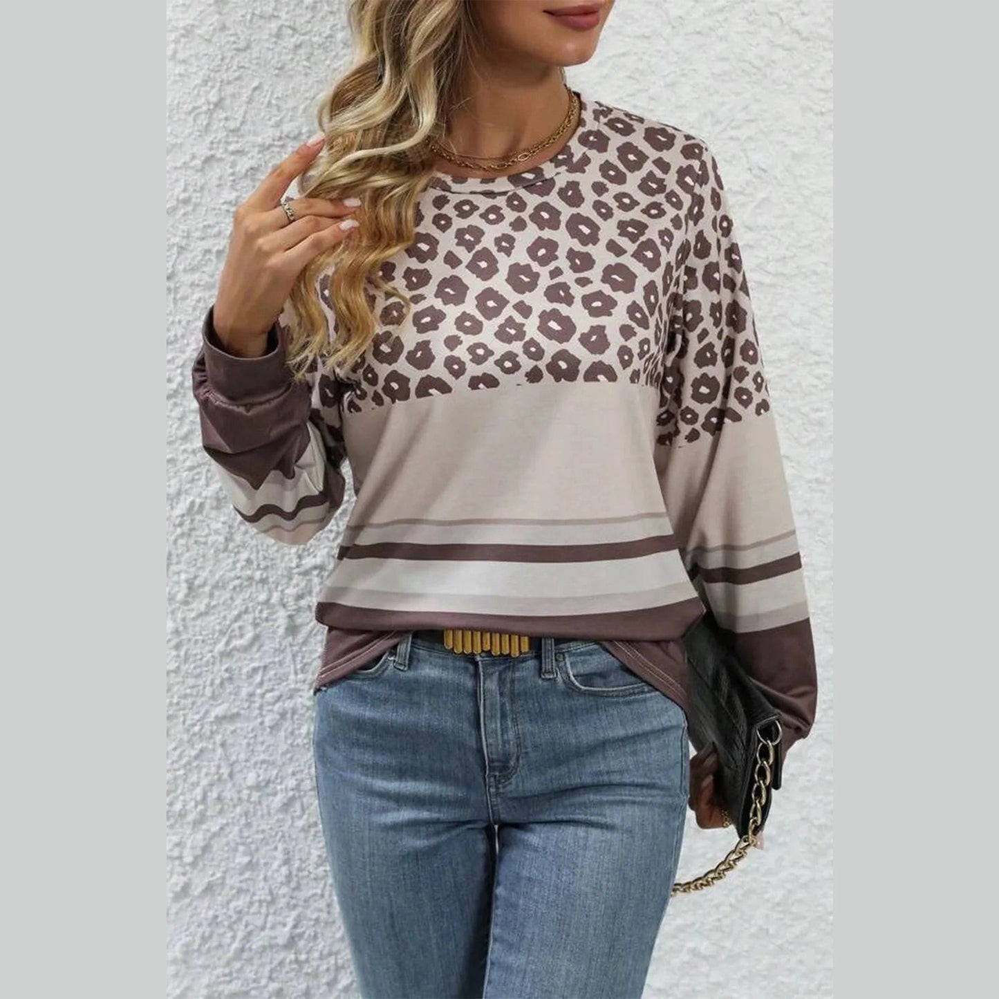 Velissa Brown Leopard Color Block Crewneck Long Sleeve Top