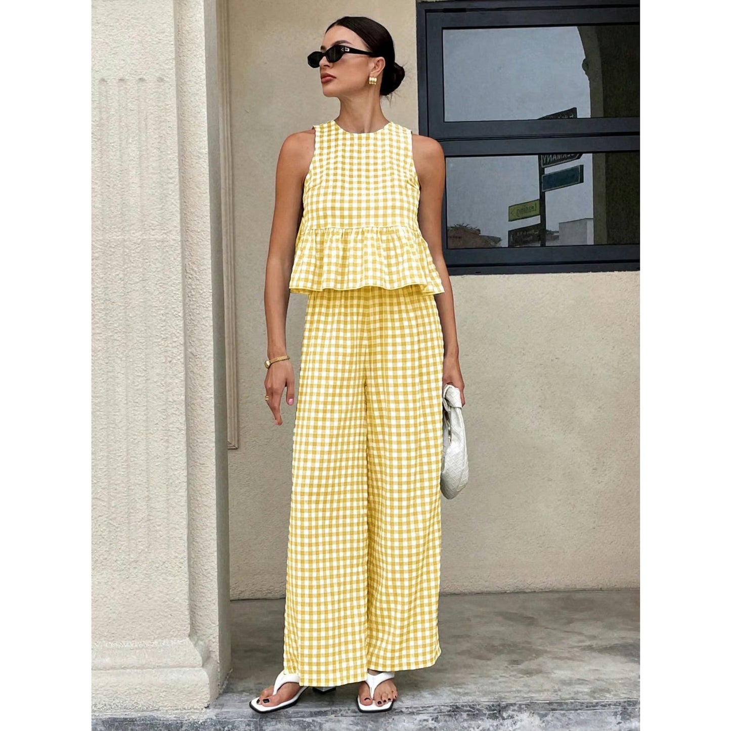 Velissa Yellow Gingham Two Piece Wide Leg Pant Set