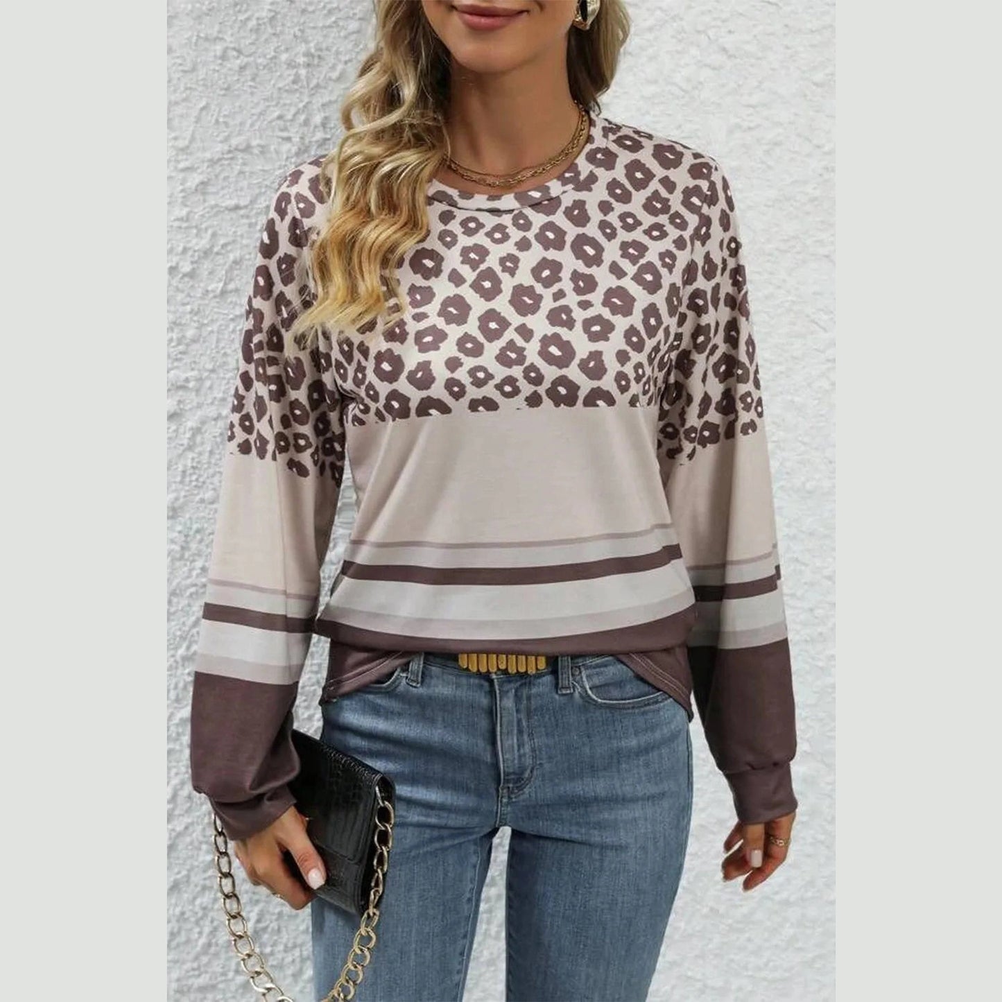 Velissa Brown Leopard Color Block Crewneck Long Sleeve Top