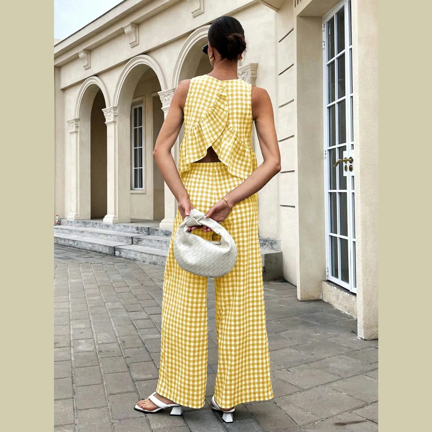 Velissa Yellow Gingham Two Piece Wide Leg Pant Set