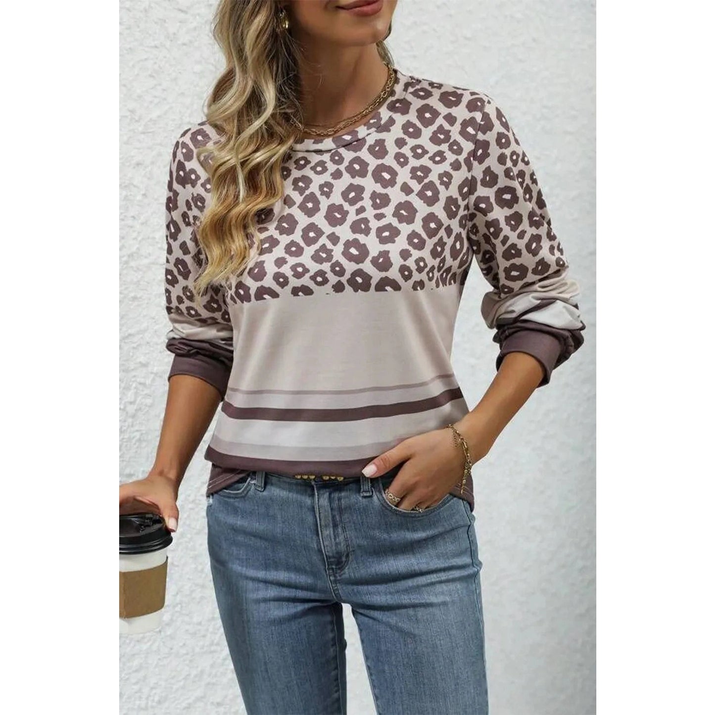 Velissa Brown Leopard Color Block Crewneck Long Sleeve Top