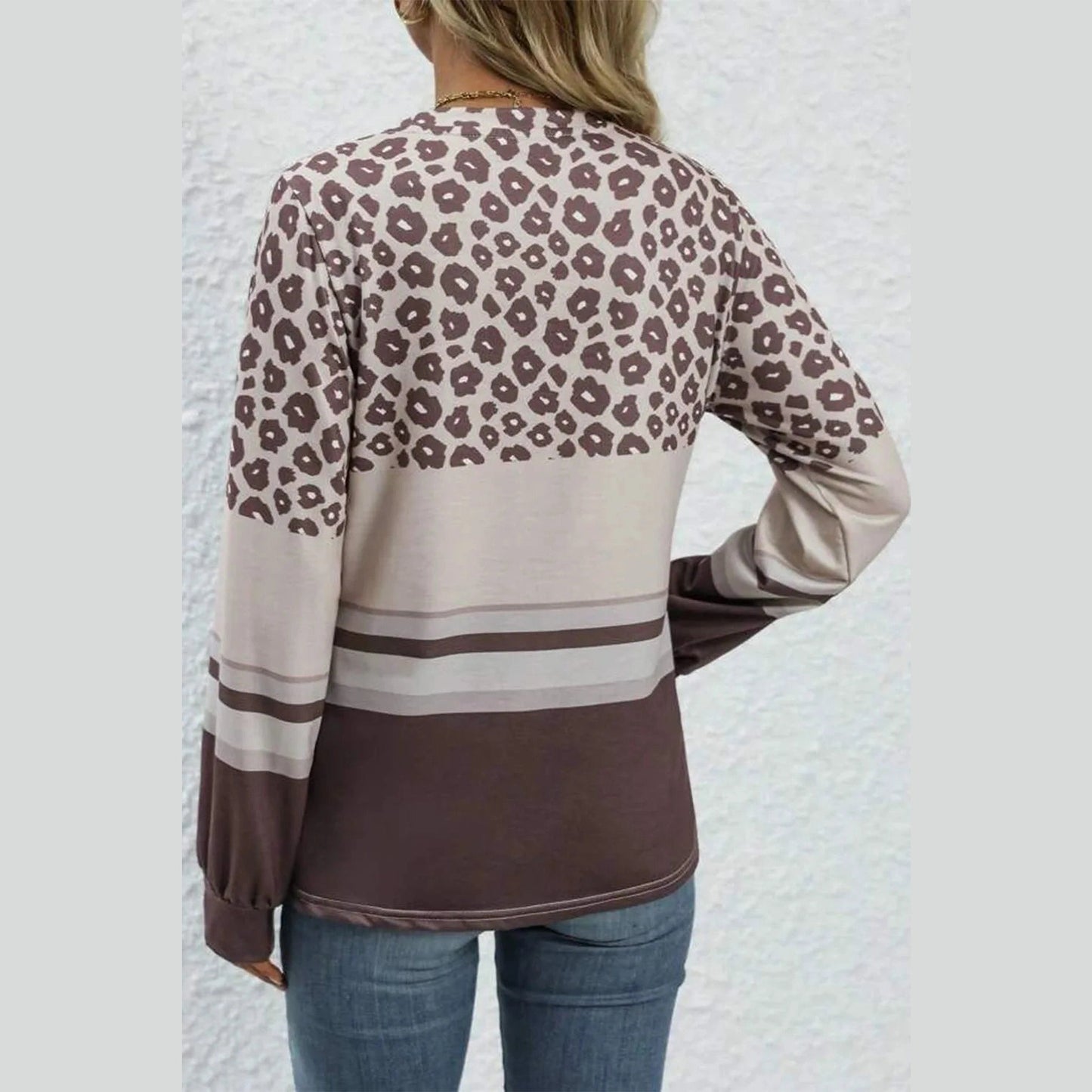 Velissa Brown Leopard Color Block Crewneck Long Sleeve Top