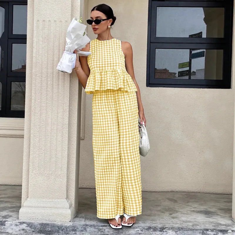 Velissa Yellow Gingham Two Piece Wide Leg Pant Set