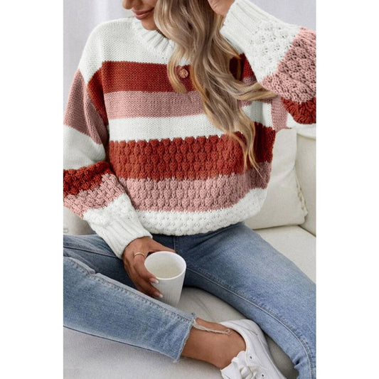 DESTASH Verena Red Striped Cable Knit Drop Shoulder Sweater