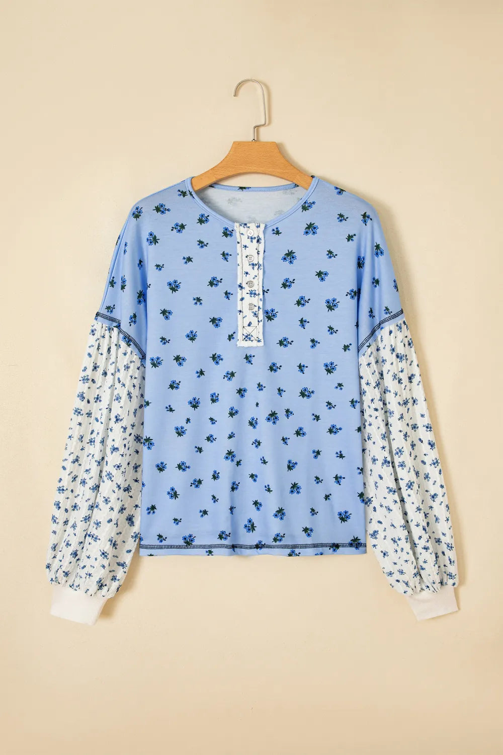 Verity Sky Blue Floral Print Contrast Long Sleeve Top