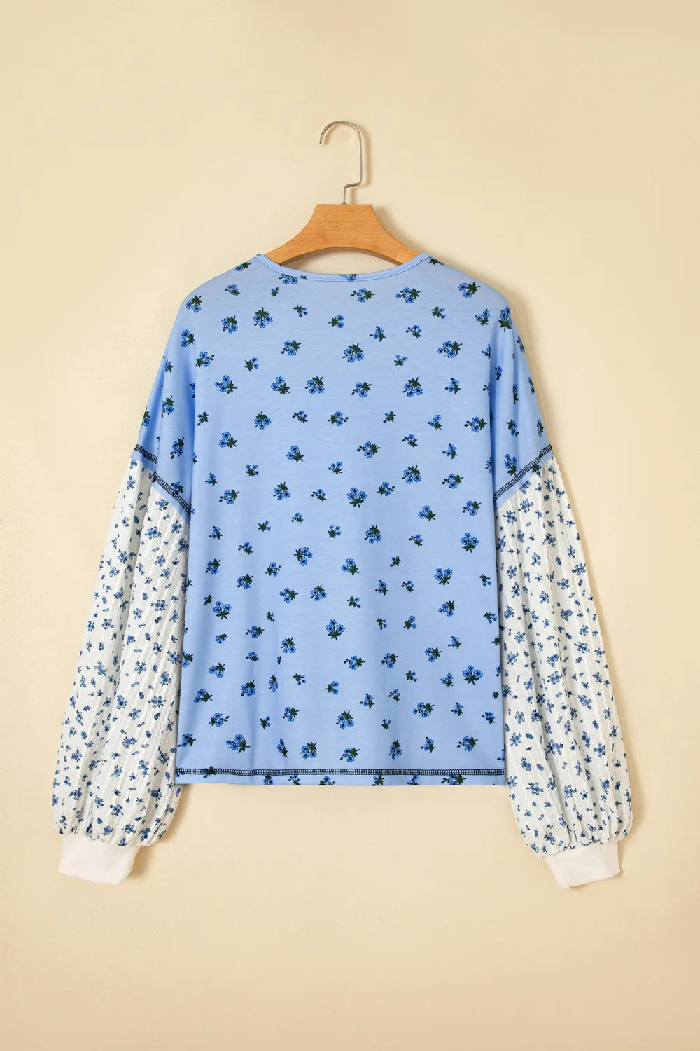 Verity Sky Blue Floral Print Contrast Long Sleeve Top